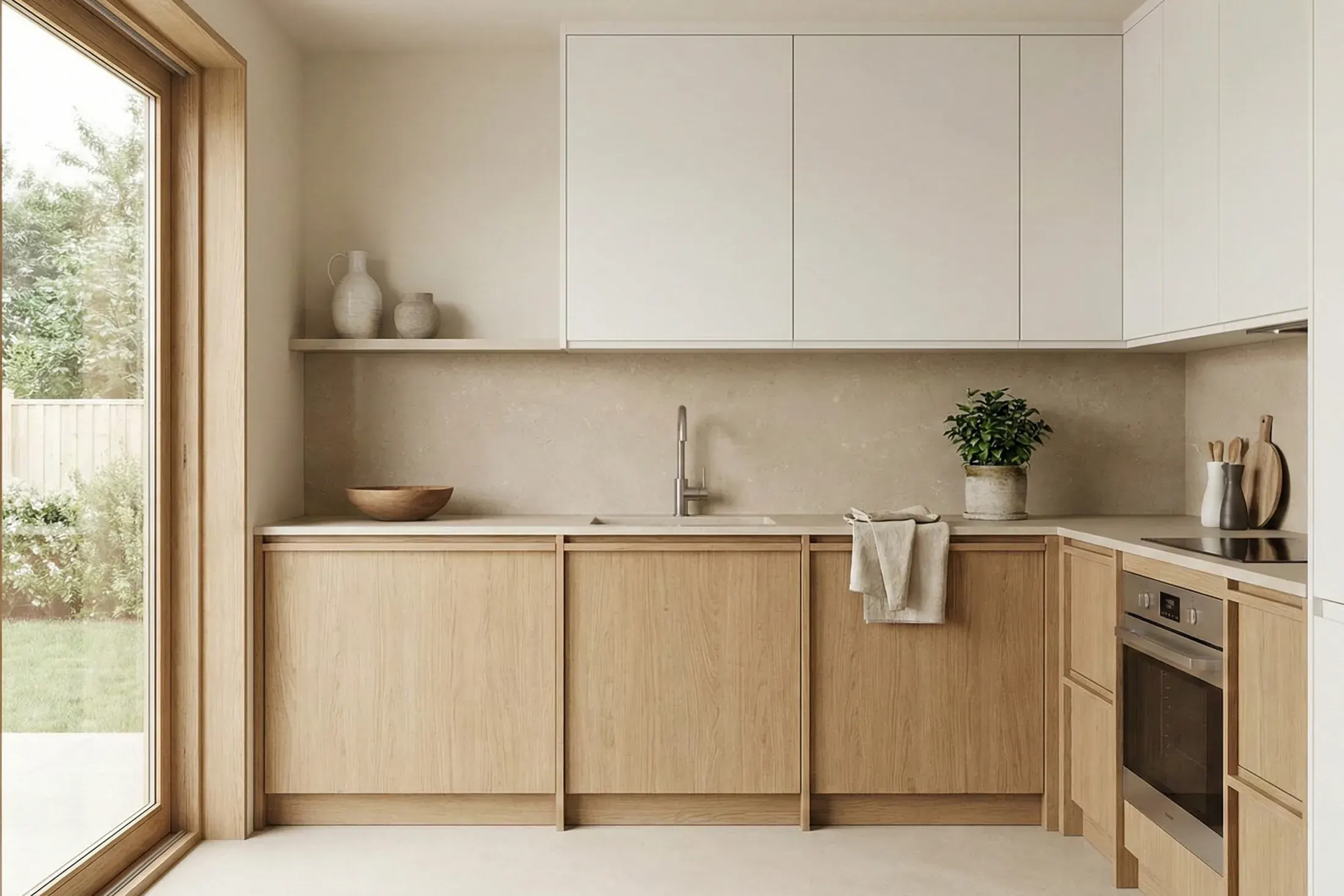 Bright modern kitchen interior with warm wood-look plank flooring, no people visible